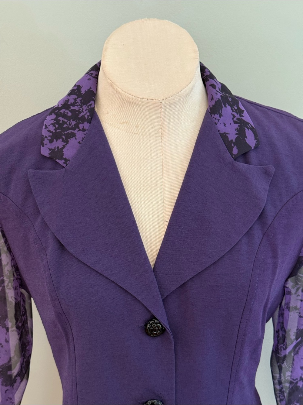 VTG Le Chateau Purple Figure Fitted Sheer Sleeves Top - Picture 3 of 13